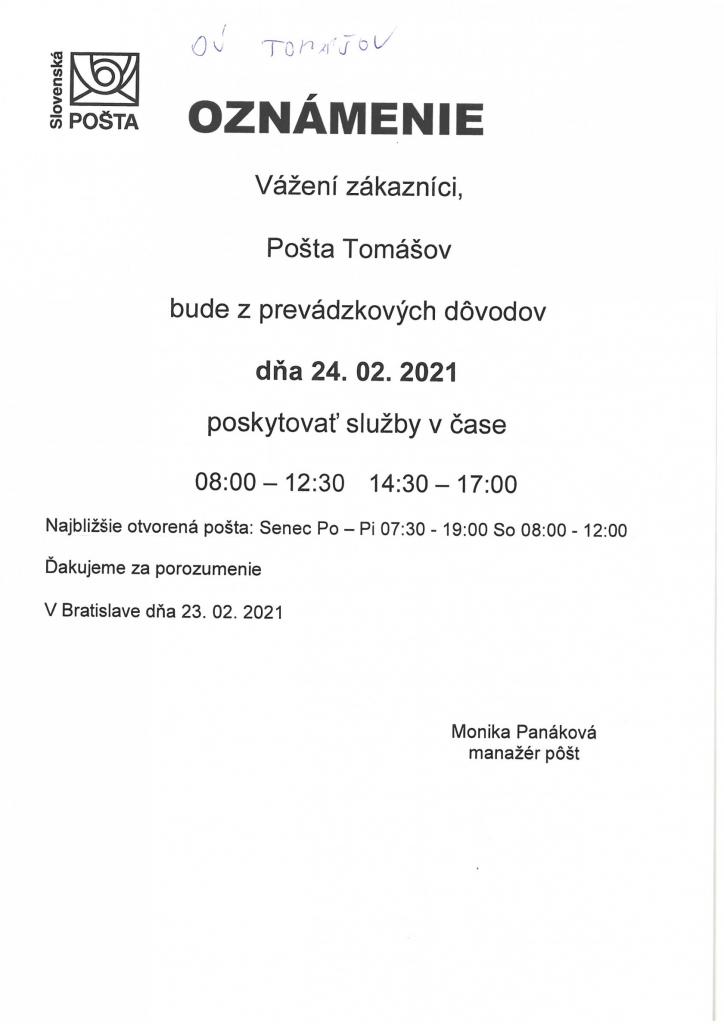 enská pošta, a.s. - oznam