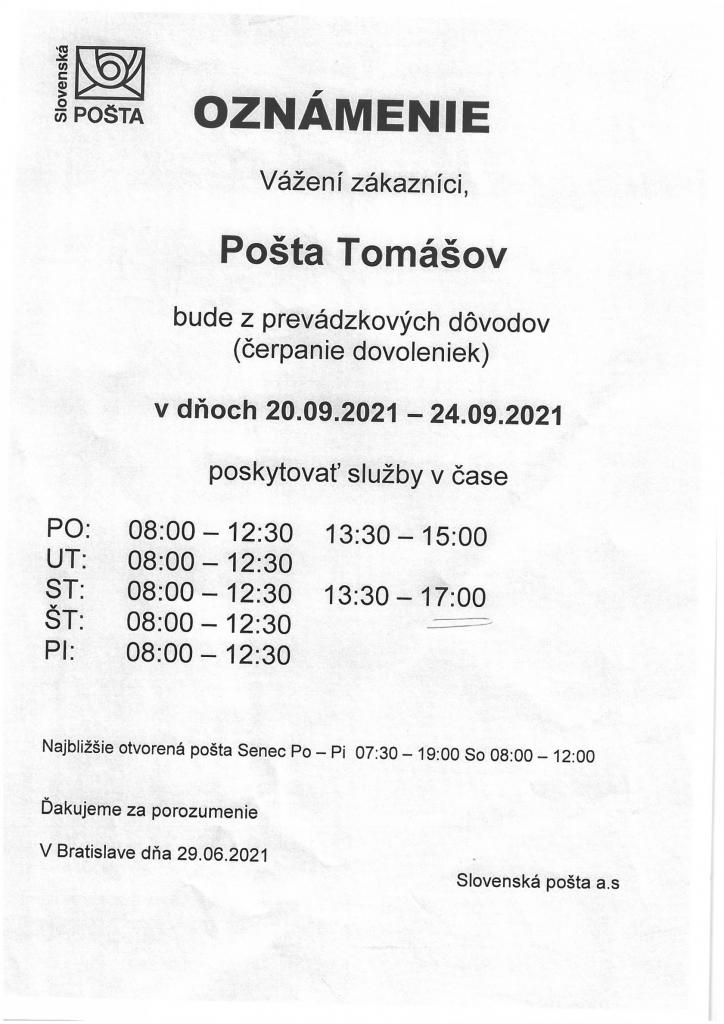 Pošta Tomášov - otváracie hodiny počas čerpania dovolenky